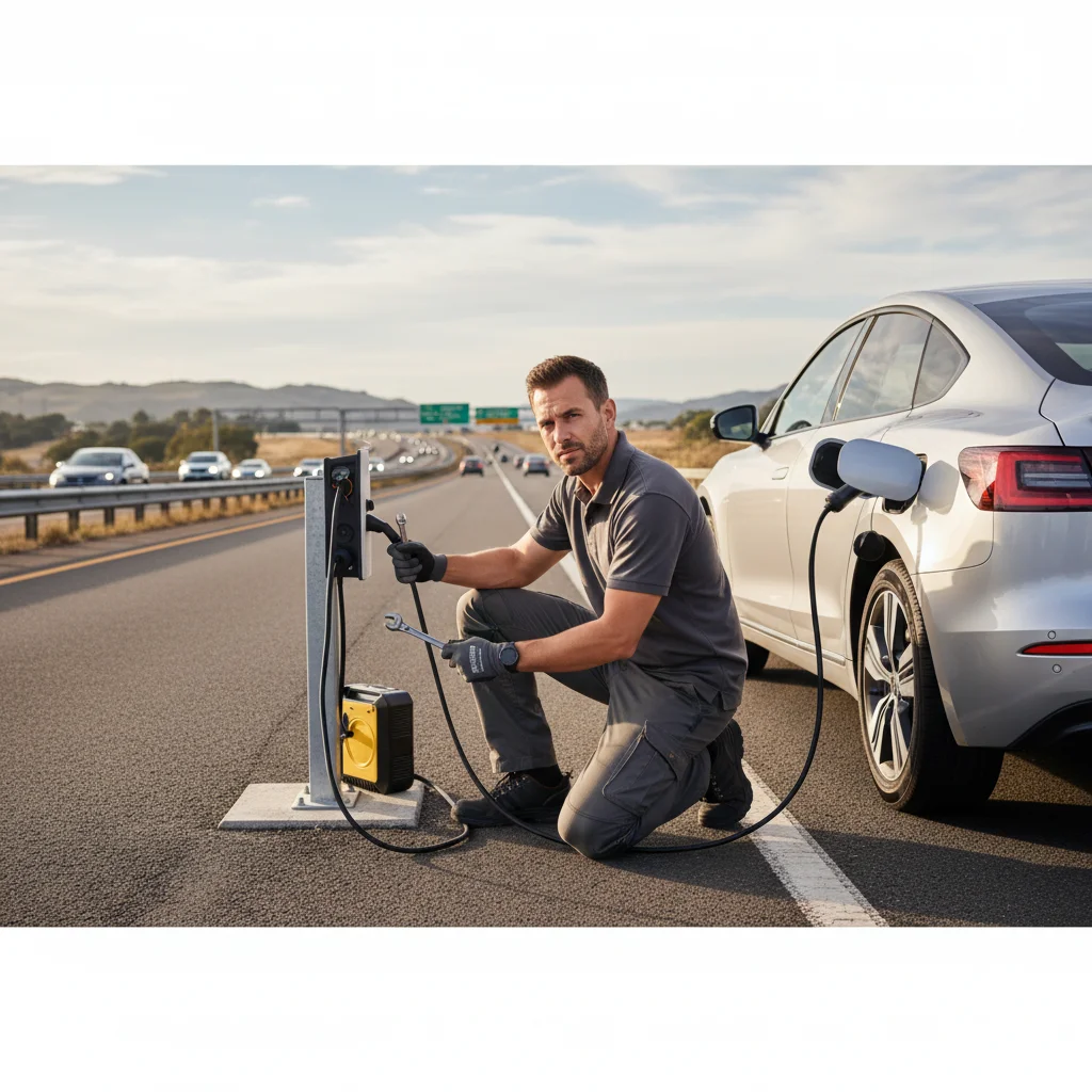 Electric car with hazard lights on a Southern California freeway shoulder as traffic passes