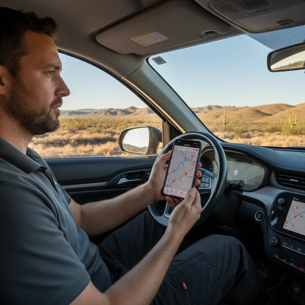 A driver by an EV on a rural highway shoulder checking a phone in daylight