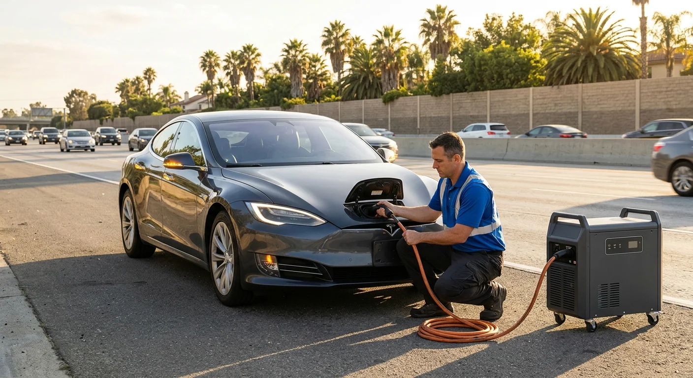 Dark EV on an Orange County freeway shoulder with hazards on