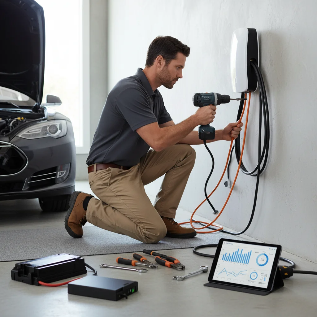 A driver checks a charging session status on a public EV kiosk in a sunlit parking lot