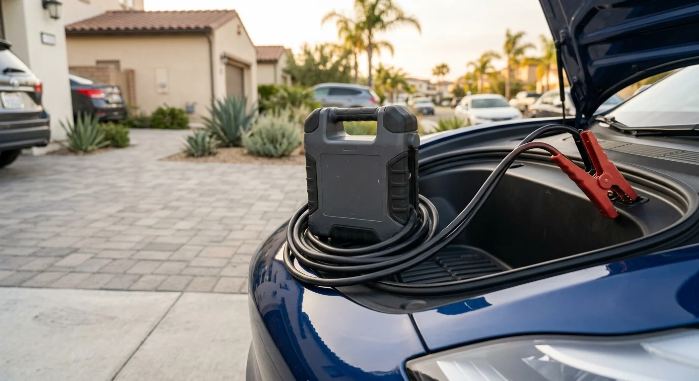 Compact lithium jump pack on a Tesla frunk in Orange County