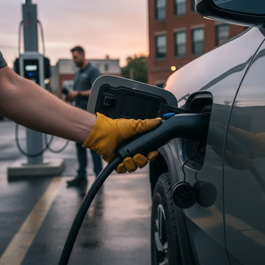 Close-up of a Rivian charge port with a CCS cable locked in and a hand on the handle in Southern California daylight