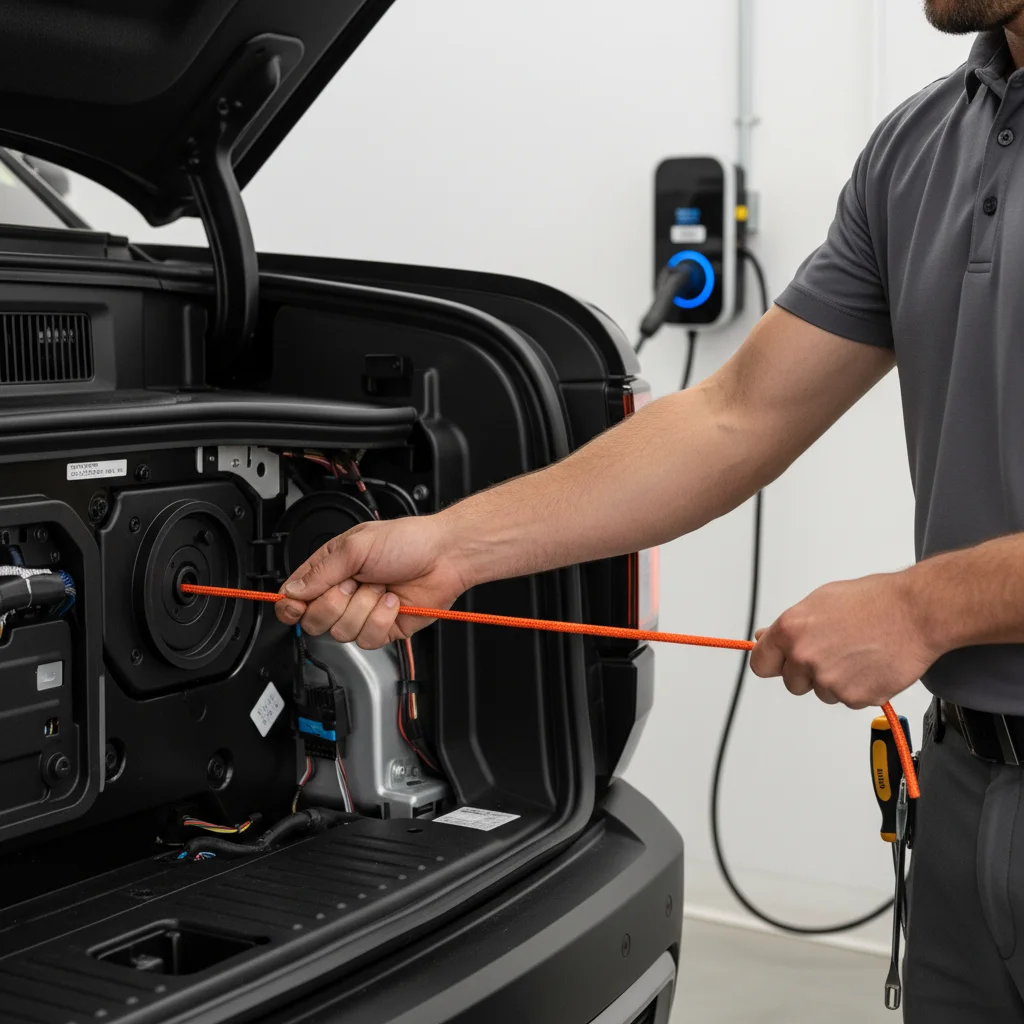 Open Rivian frunk in daylight with a hand pulling the tagged manual charge-port release cable
