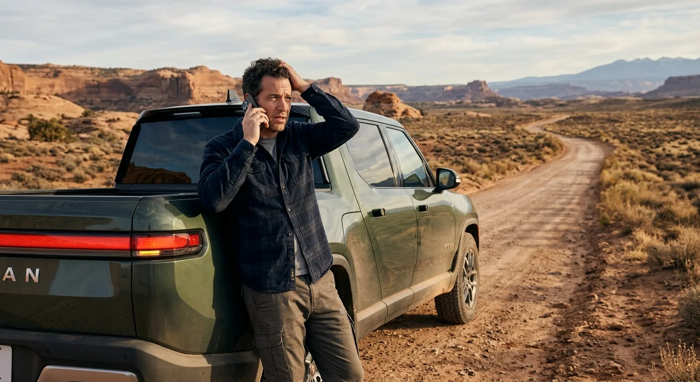 Adventure EV parked on a dry hillside pullout with a dark cabin and an empty two-lane road behind it