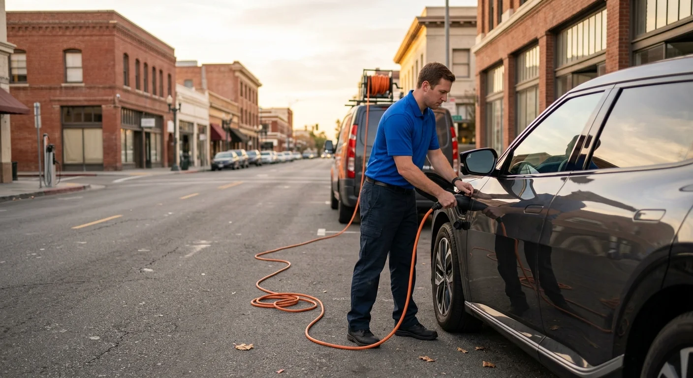 A dark non-Tesla EV stopped on a downtown Santa Ana curb at late day