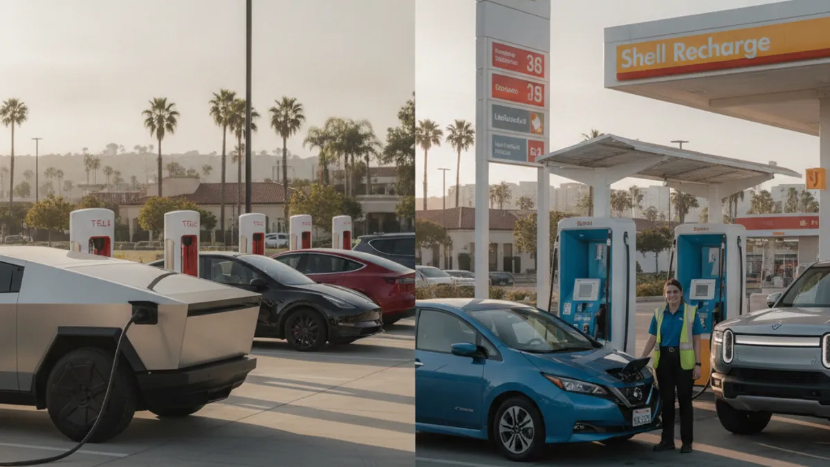 Split view of a Tesla Supercharger canopy and a Shell Recharge fast stall at a fuel island in Southern California light