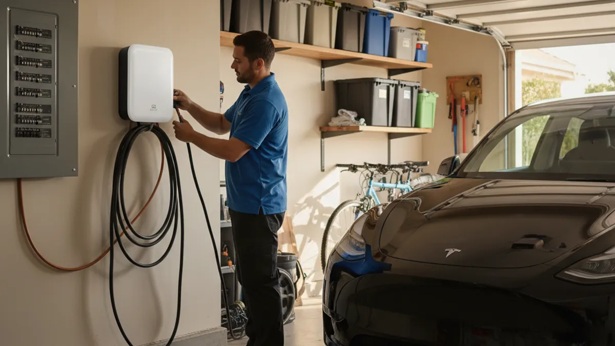 A wall-mounted Level 2 charger beside a parked electric car in a stucco garage