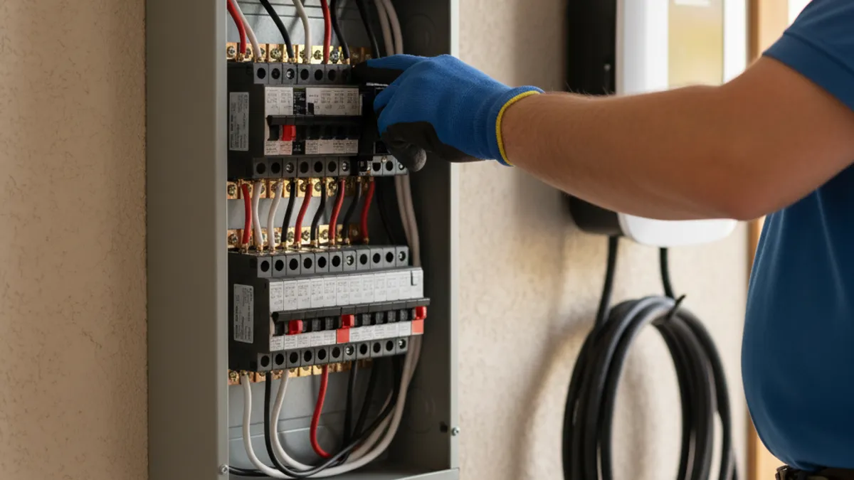 Open residential electrical panel with labeled breakers on a garage wall