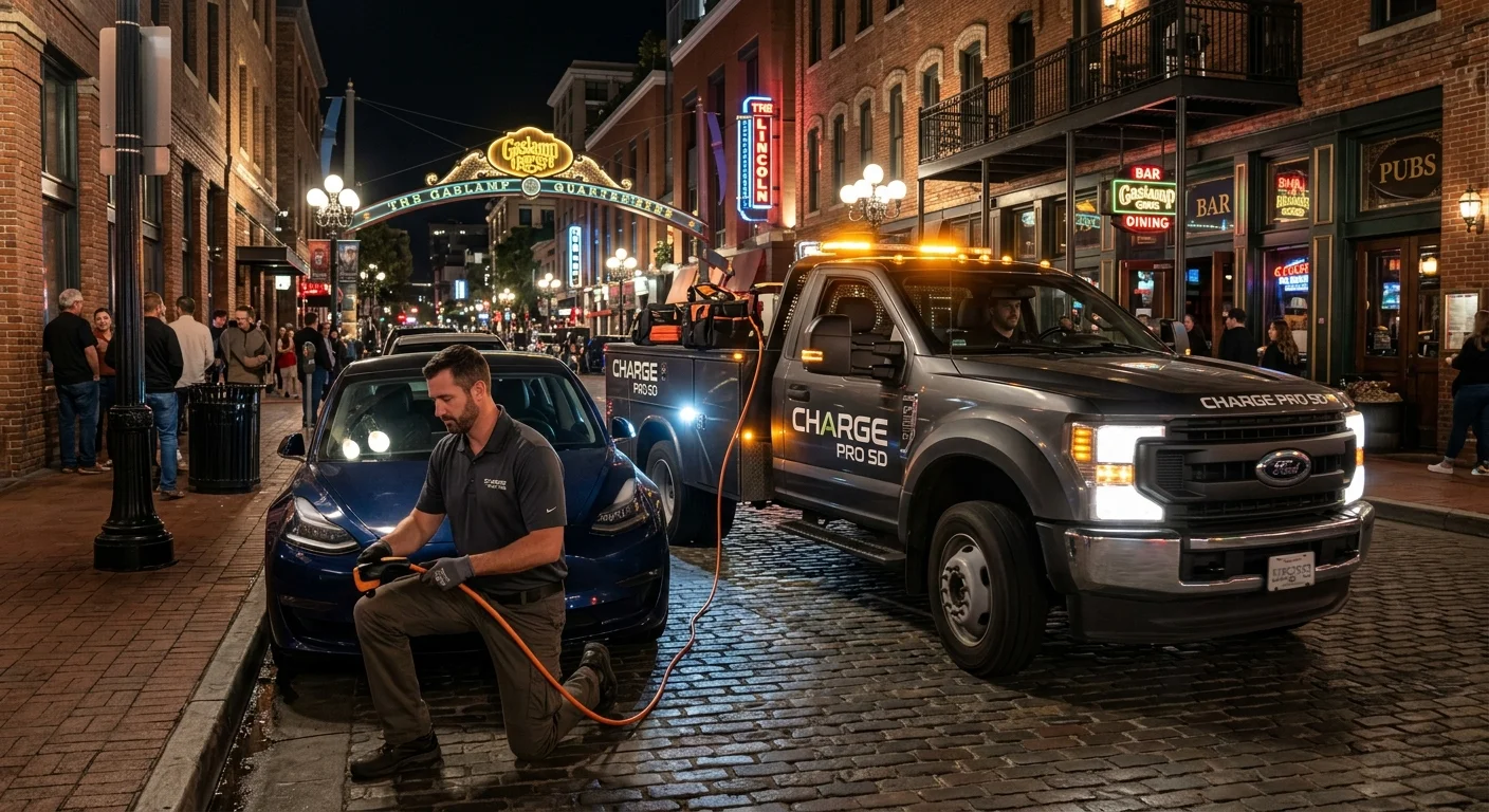 A rescue truck easing down a narrow downtown street lined with older storefronts