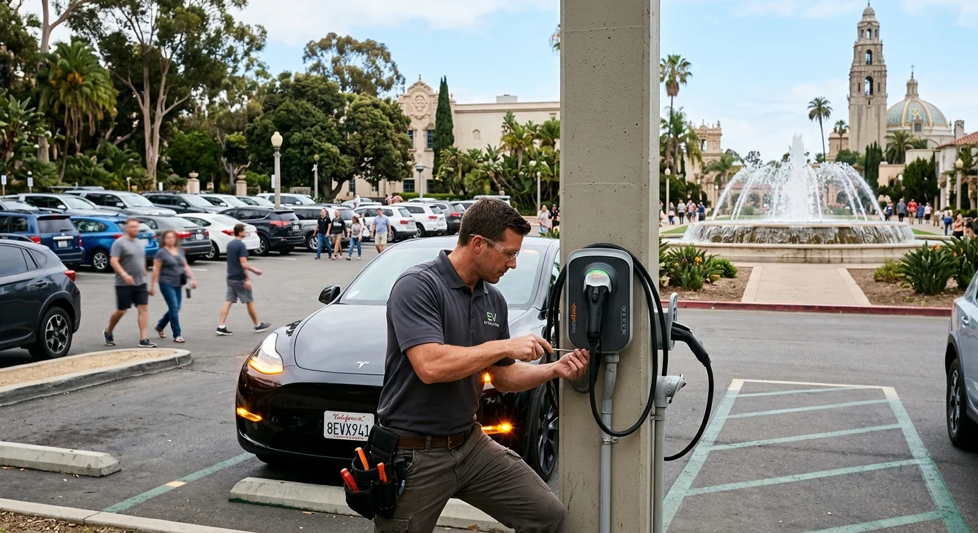 An electric car with hazard lights on in a crowded outdoor parking lot