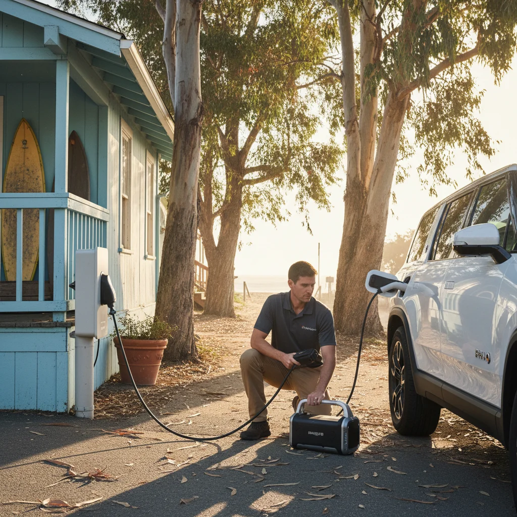 Charging cable plugged into an electric car on a canyon road shoulder