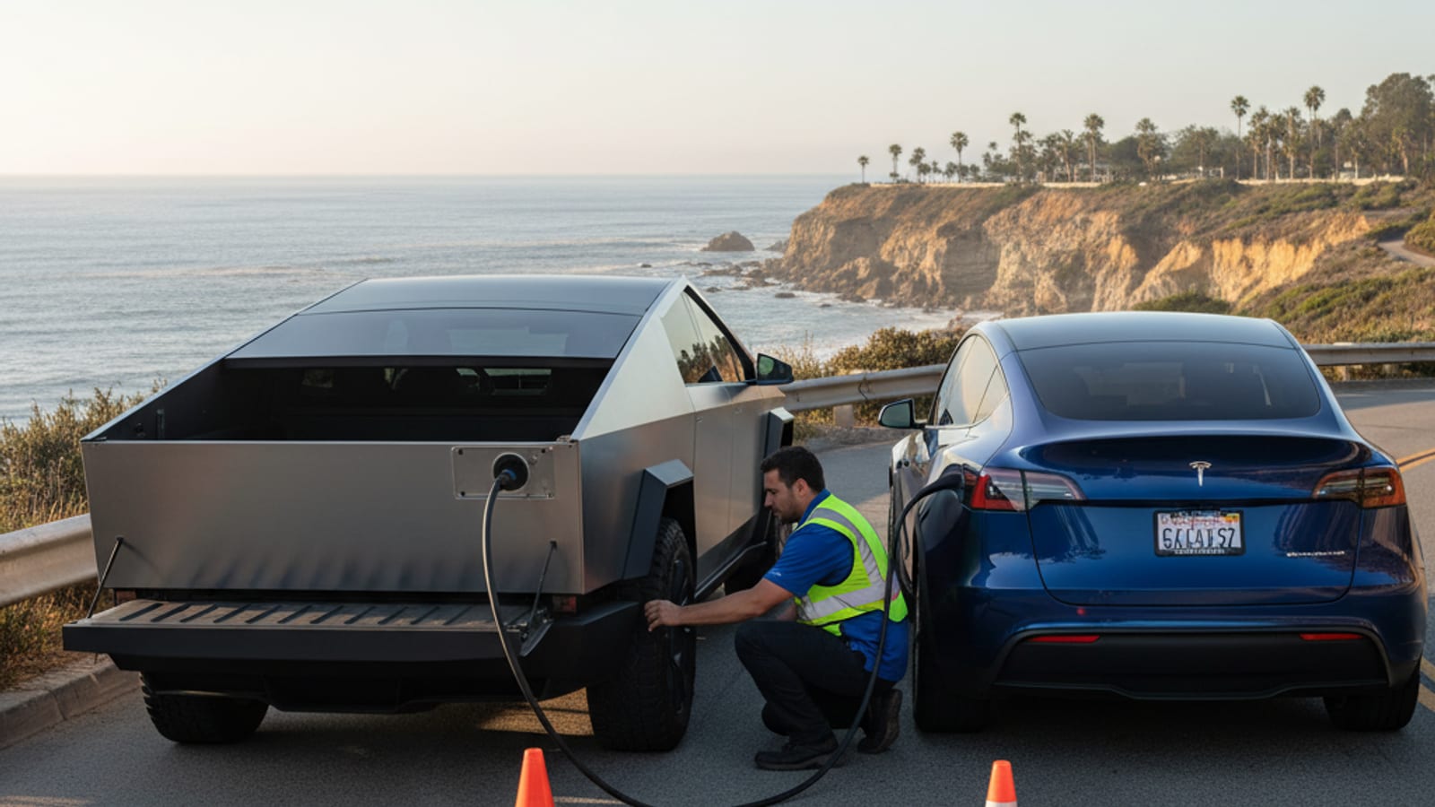 A coastal highway climbing into dry hills with a white electric car on the shoulder