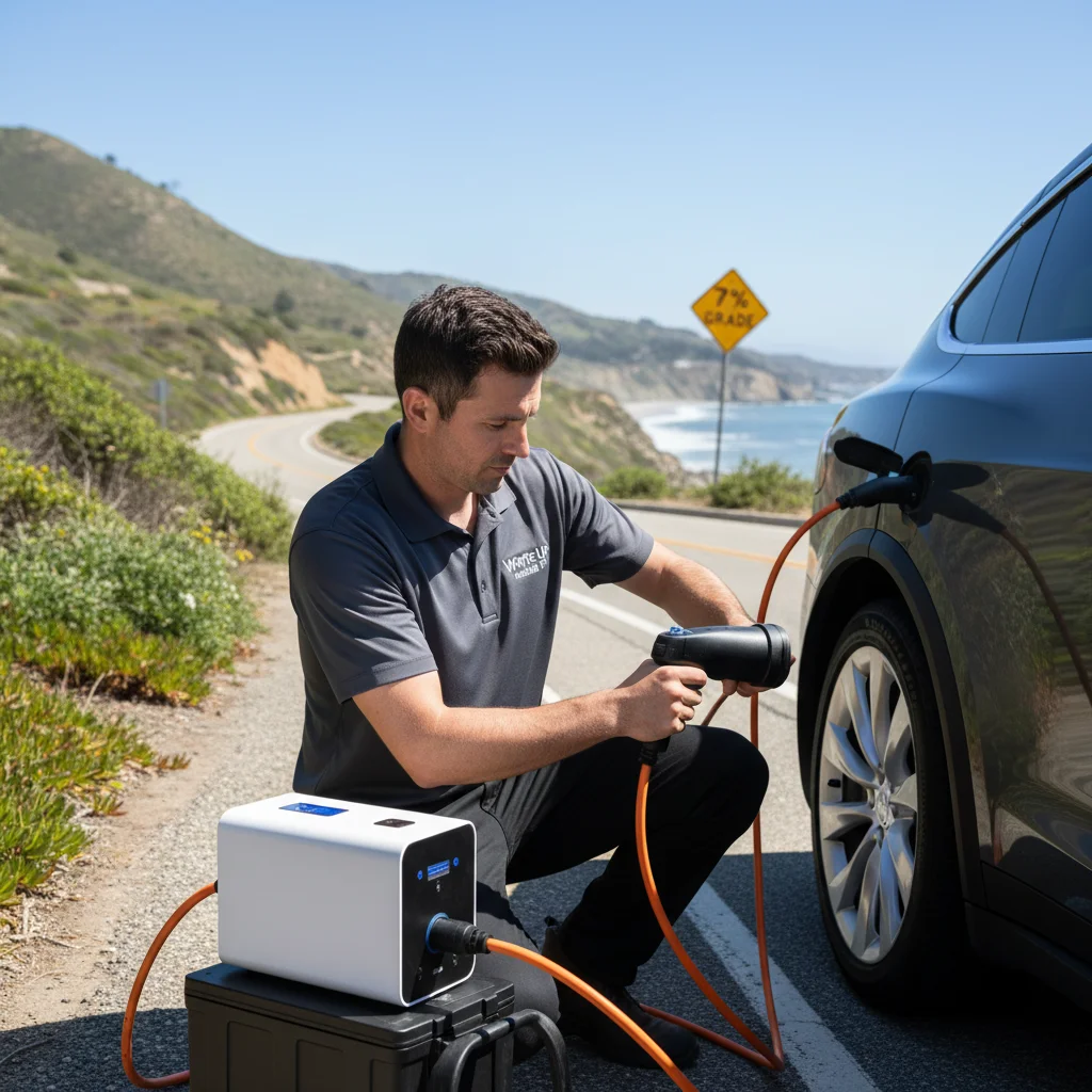 A charging cable plugged into an electric car beside palms on a residential street