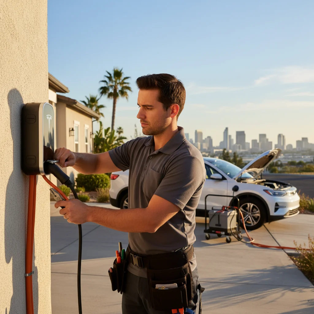 A dark electric SUV in a parking lot as a mobile rescue van pulls up beside it