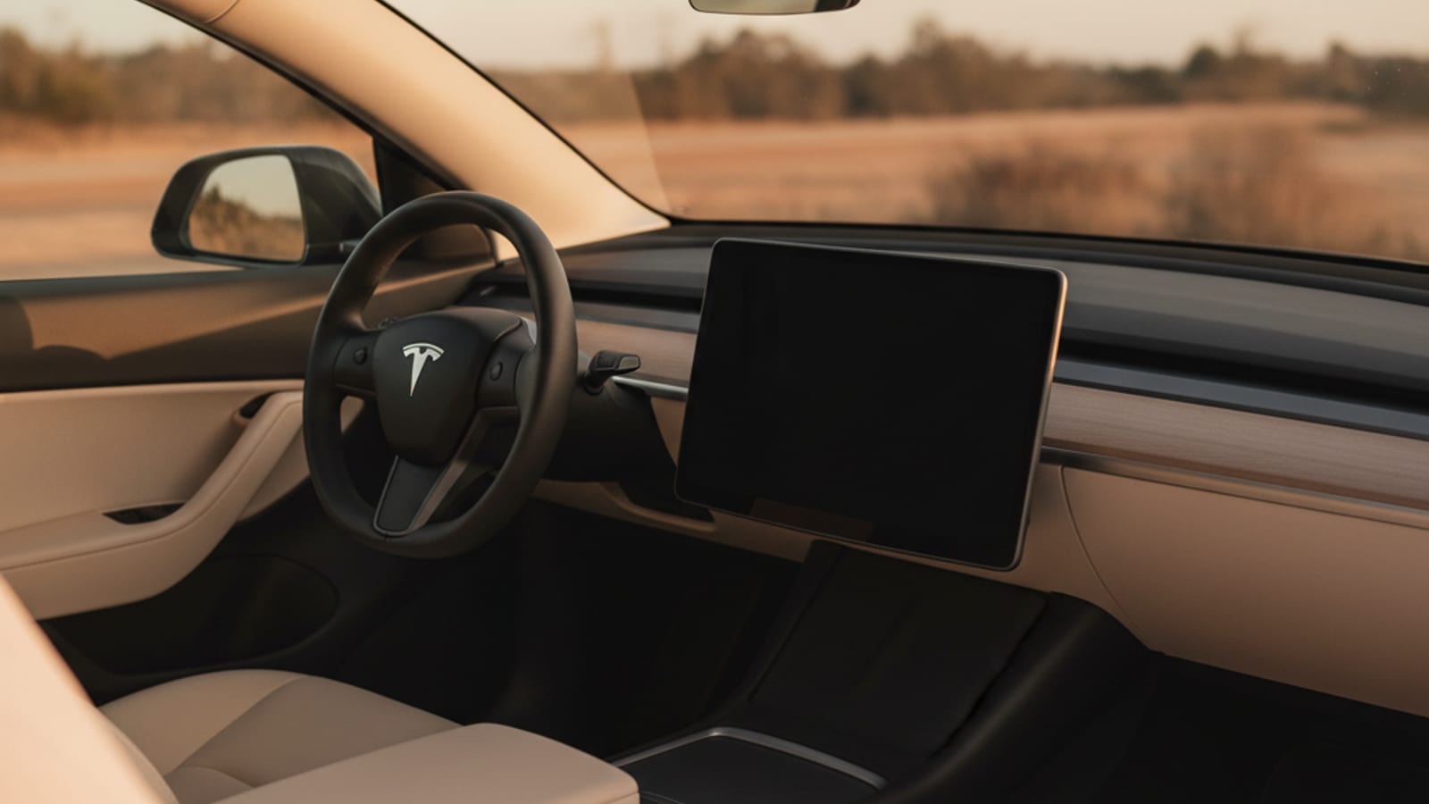 White Tesla in a sunny suburban driveway with a dark center screen seen through the windshield