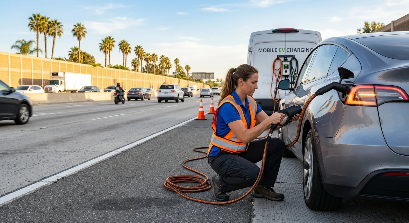 Tesla Model Y stopped on a wide Orange County freeway shoulder with hazard lights on