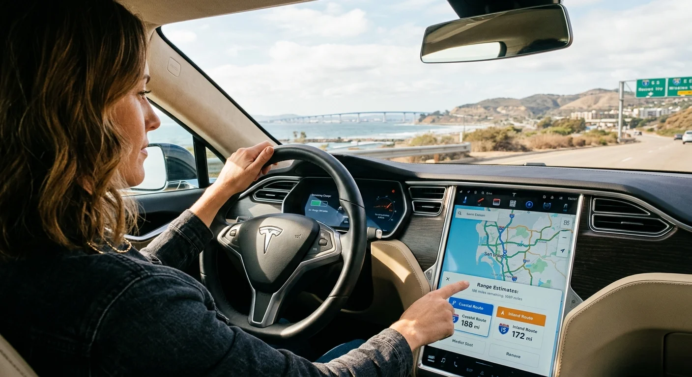 Tesla on a sunlit Southern California freeway with the driver checking remaining range