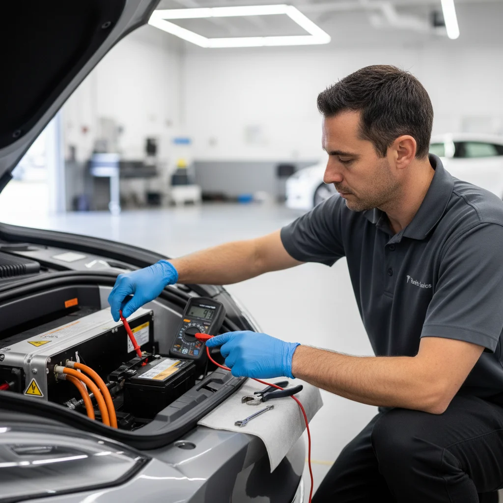 Open Tesla frunk with a 12V battery beside a tablet showing a pack diagram