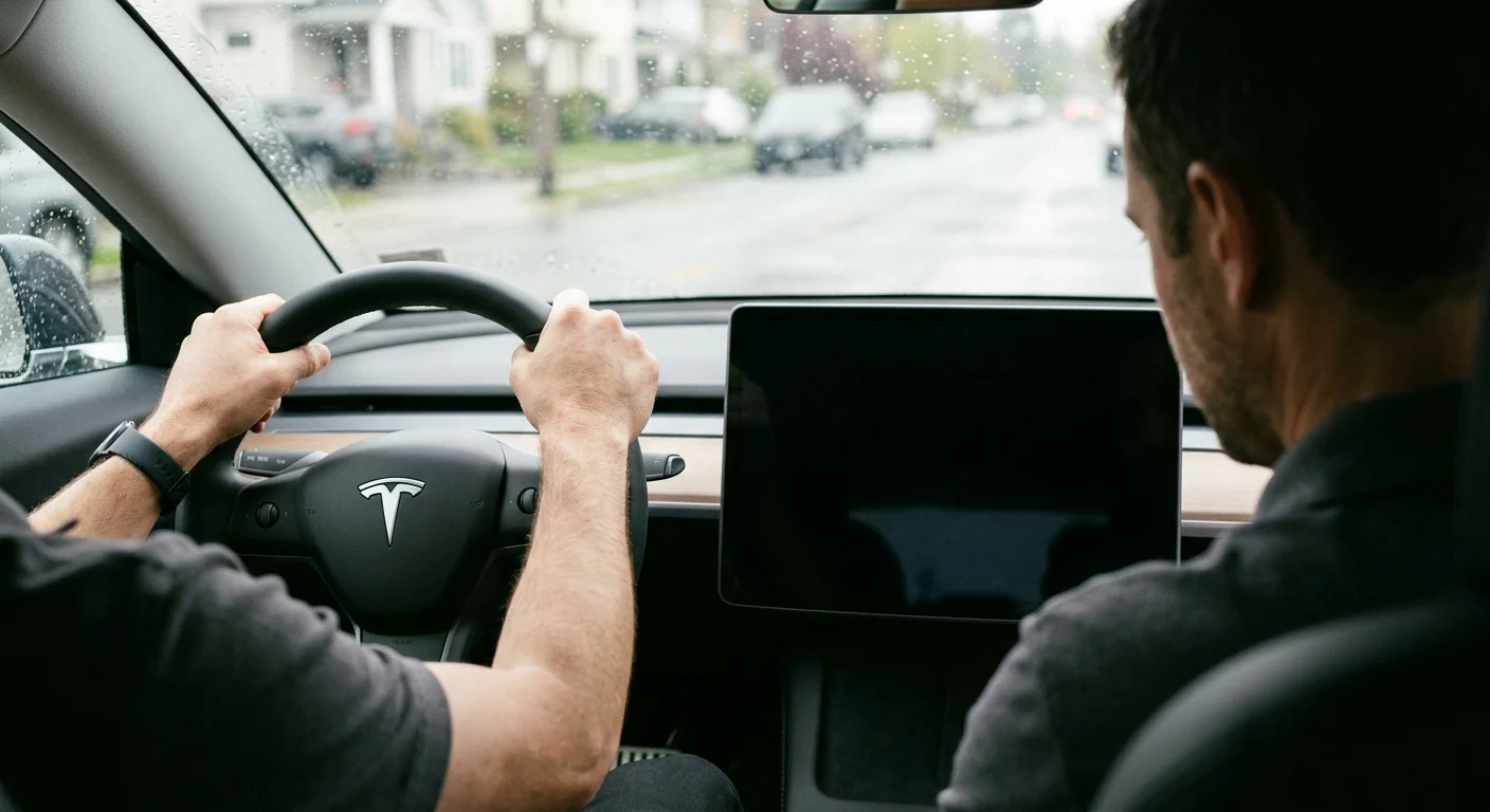Blank Tesla dashboard screen with a driver's hands resting on the steering wheel in daylight.