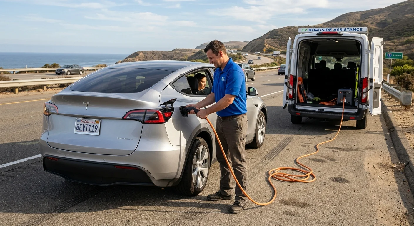 A Tesla parked on a canyon shoulder while the driver reads a low battery warning on the screen