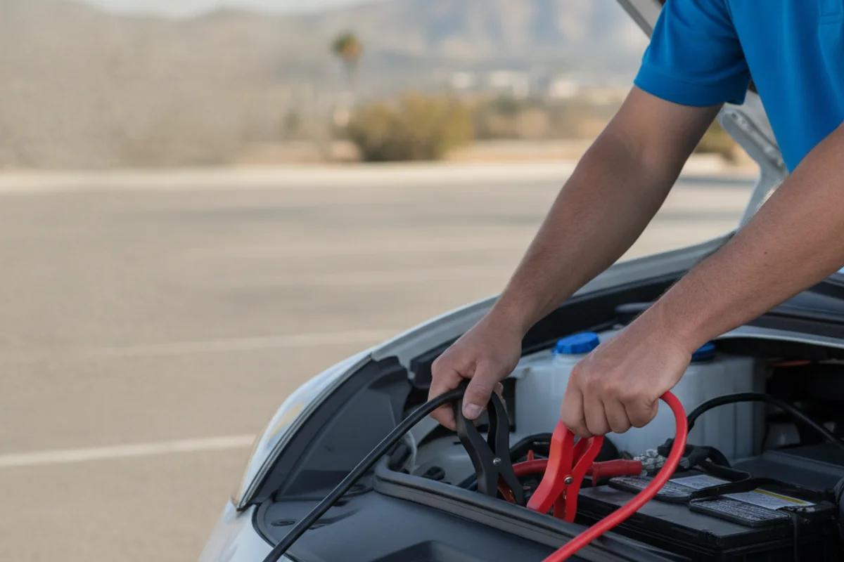Hands clipping jumper cables onto 12-volt terminals in an electric car's open front trunk.