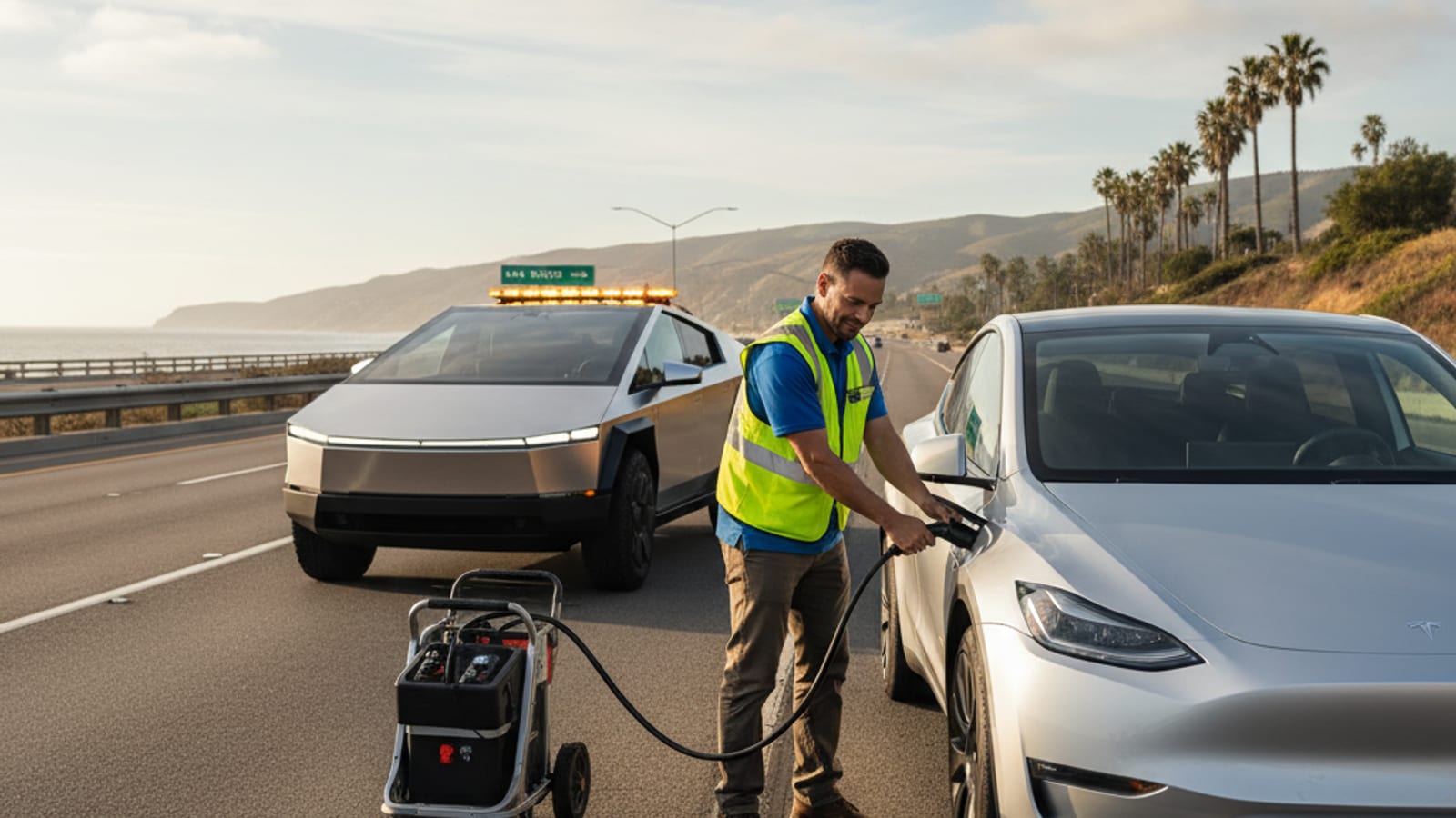 An electric car parked on a Southern California freeway shoulder in afternoon light