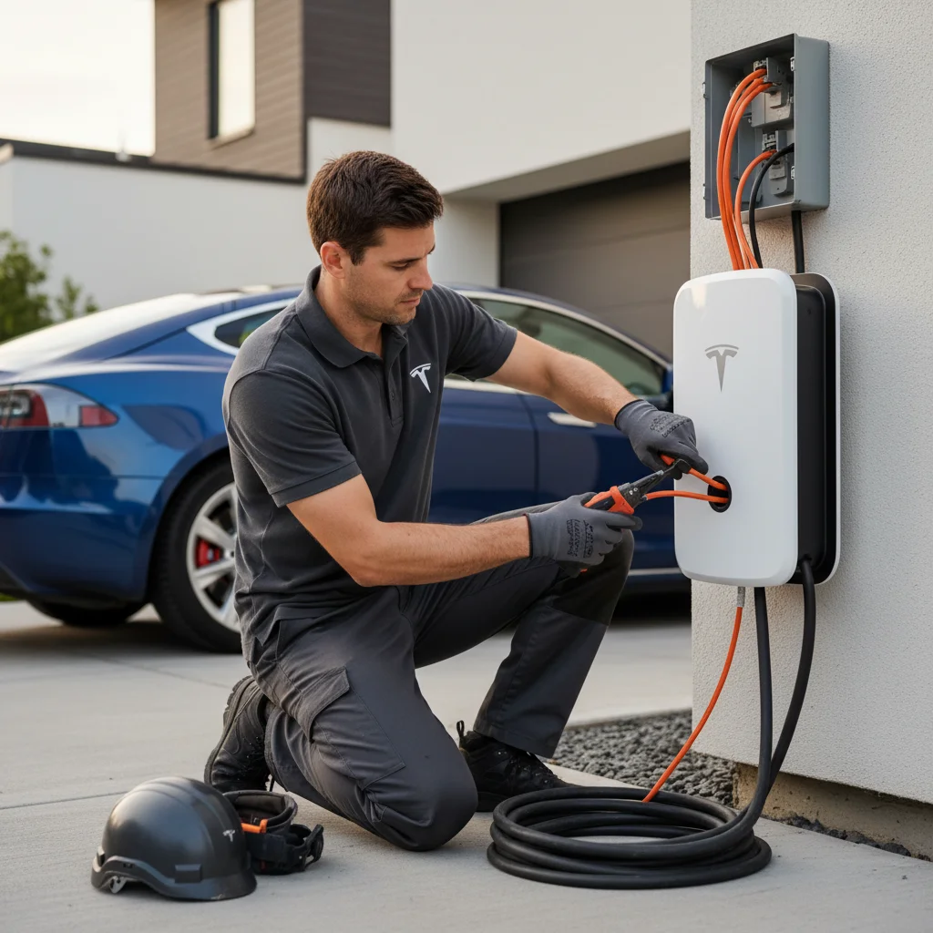 A Tesla in a bright palm-lined parking lot with a charging cable at the rear bumper