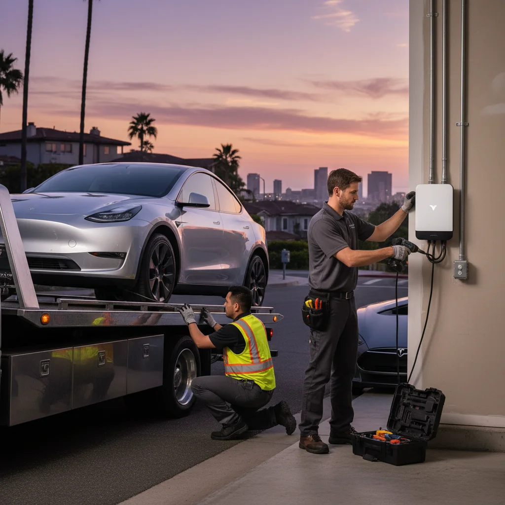 A flatbed tow truck winching a Tesla Model Y onto the bed at dusk.