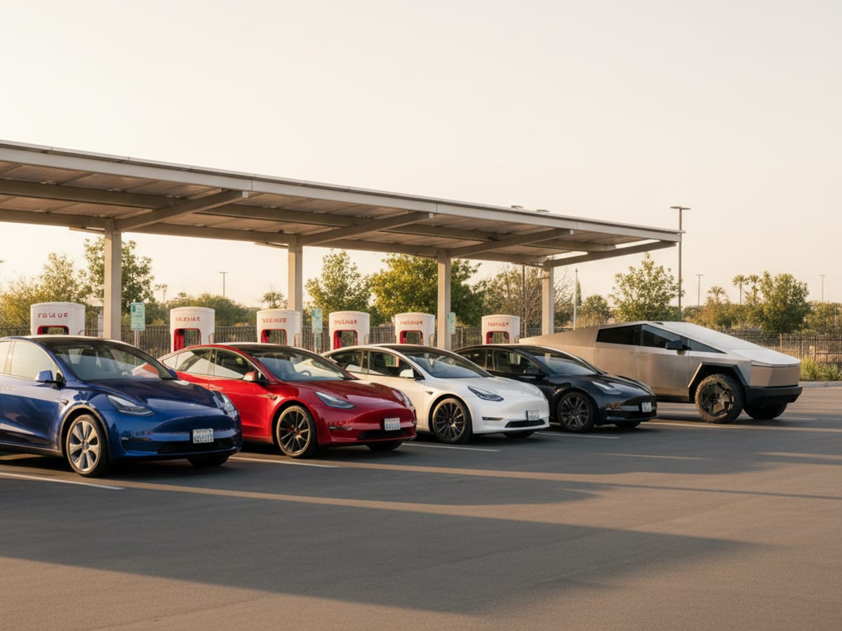 Teslas lined up under a Supercharger canopy on a bright Southern California afternoon