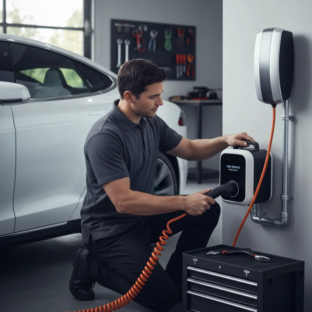 Charging cable plugged into a parked Tesla at a suburban curb next to a service van