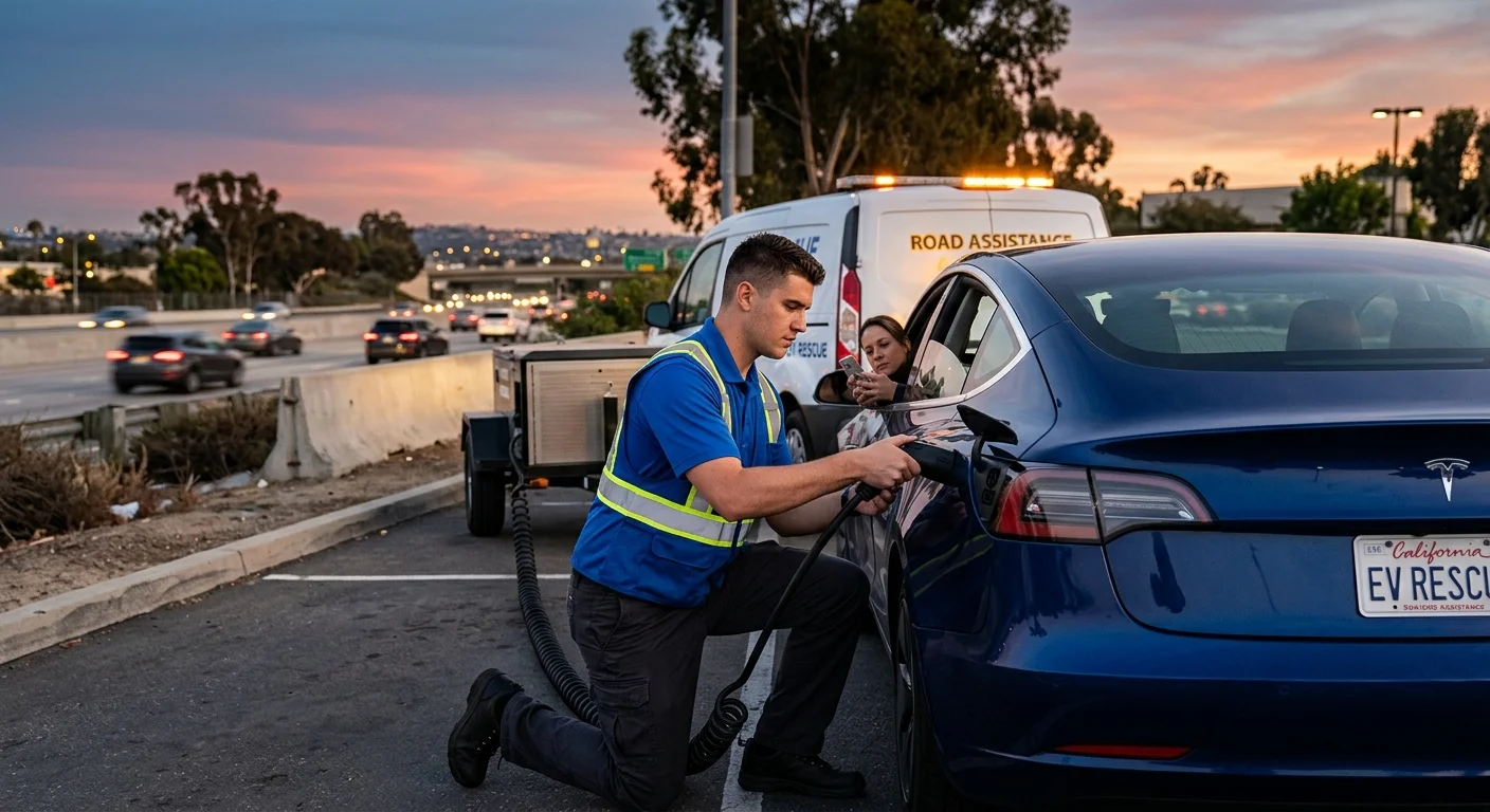 A Tesla parked near a freeway exit at dusk, with the driver checking a phone