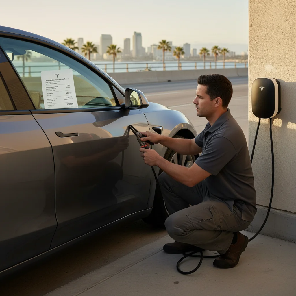 A Tesla parked on a dry Southern California shoulder while the driver checks a phone