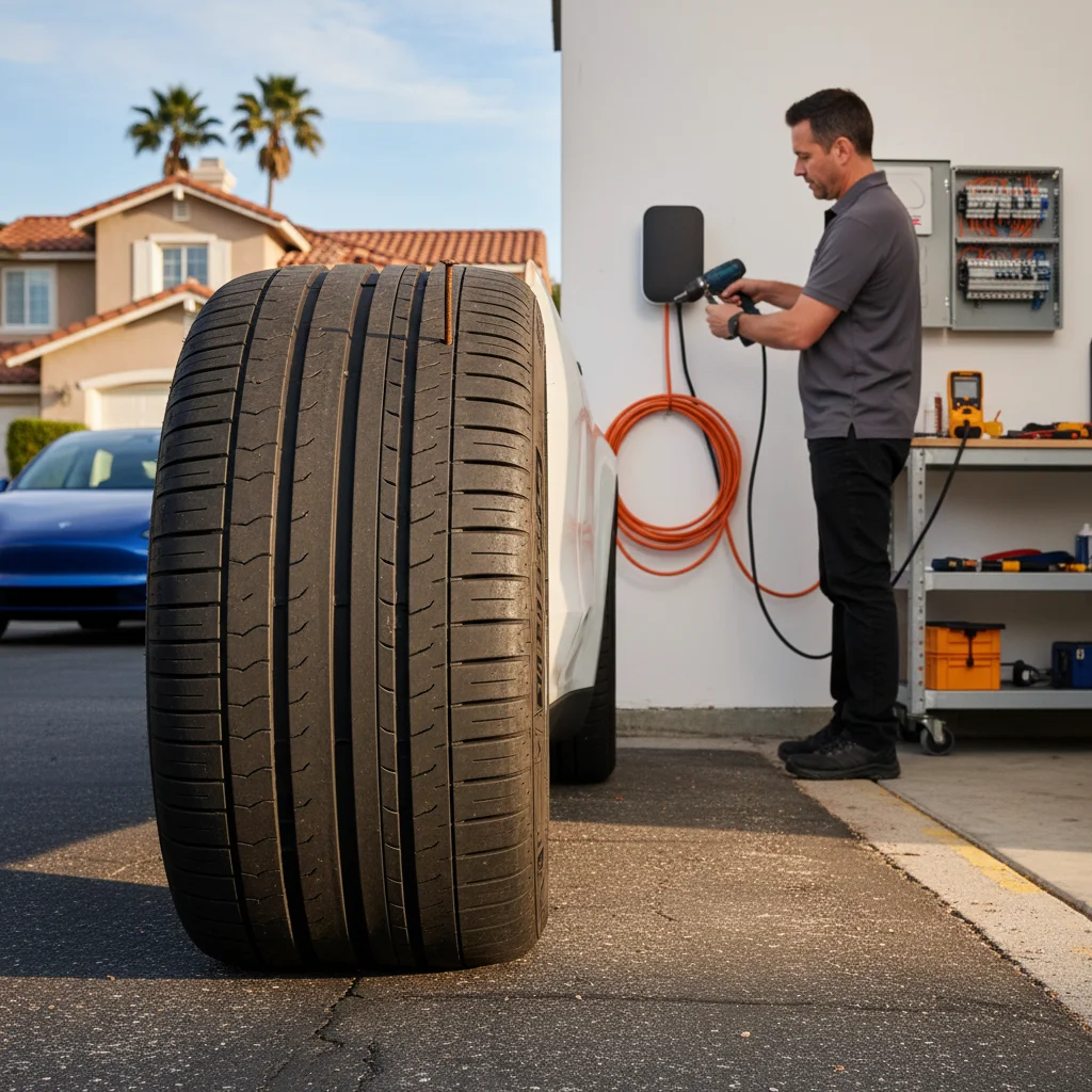 Close-up of a Tesla rear tire with a nail in the tread, parked on a suburban Southern California street