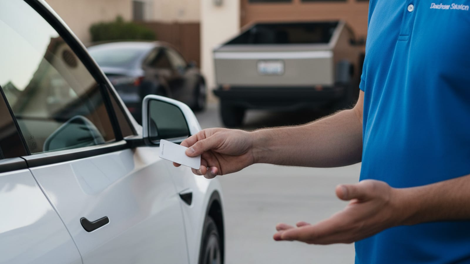 White Tesla parked in a sunlit Southern California lot with a dark dash and closed door handles