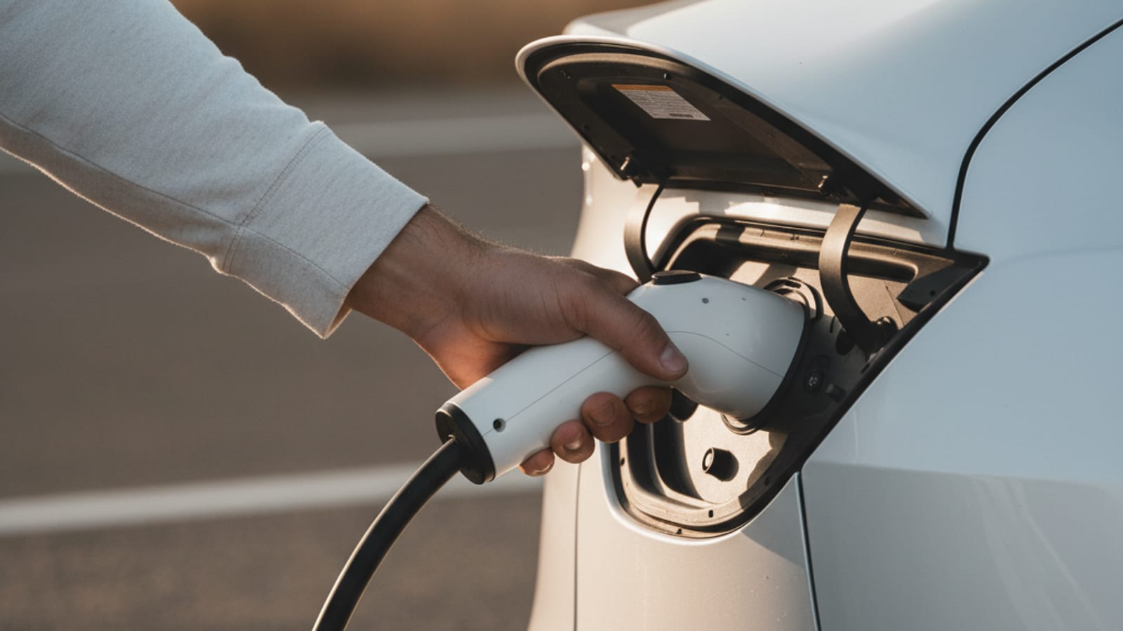 Open EV charge port and NACS connector with moisture beading on the housing in a parking lot