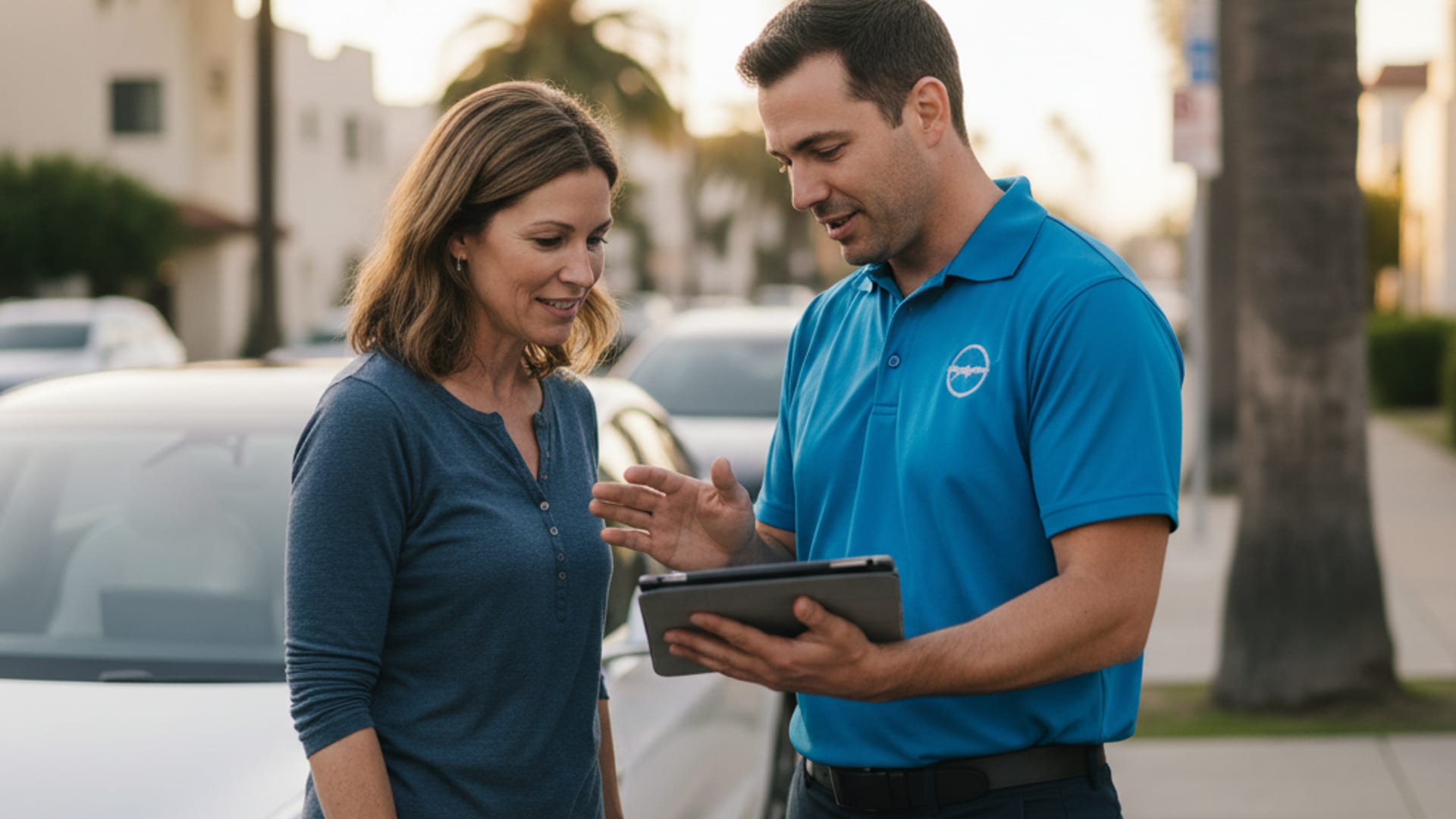 Charge Pro OC technician in an electric-blue polo explaining the rescue process to a relieved Tesla owner beside a charging Model 3