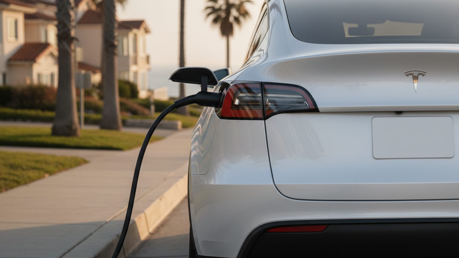 Independent operator in electric-blue polo connecting a NACS charging cable to a stranded Tesla Model Y on an Orange County street at golden hour