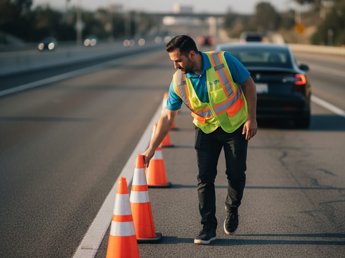 A mobile EV rescue technician in an electric-blue polo deploying orange safety cones on an Orange County freeway shoulder beside a stranded Tesla
